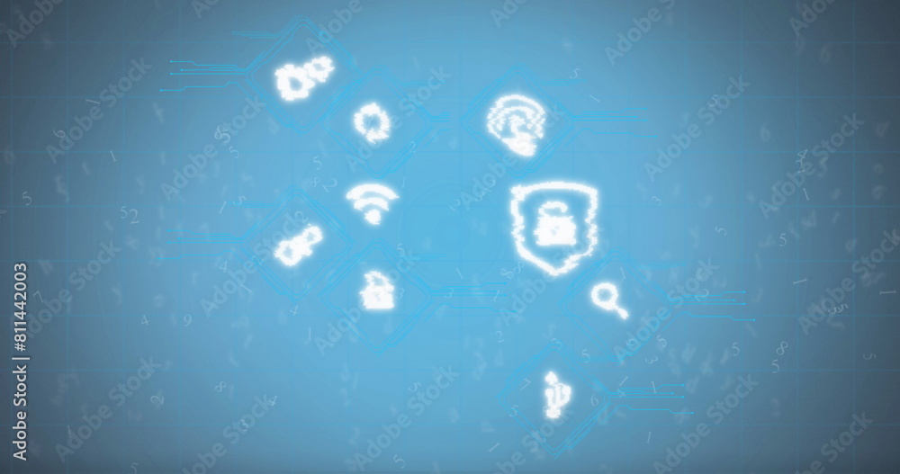 Poster image of icons and data processing over blue background