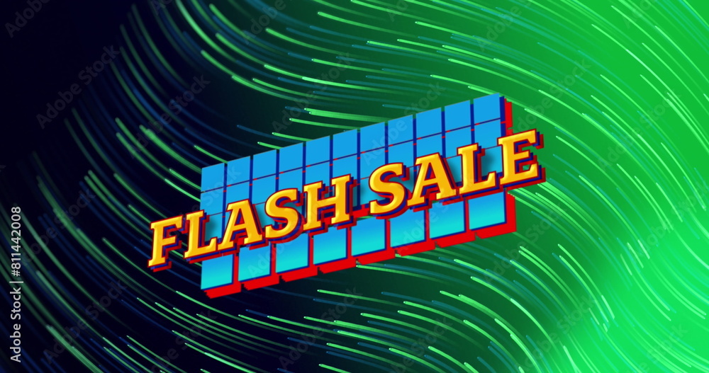 Poster image of flash sale text on squares and lines moving in spiral pattern over green background