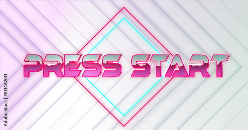 Poster image of press start text on rhombuses with abstract pattern over white background
