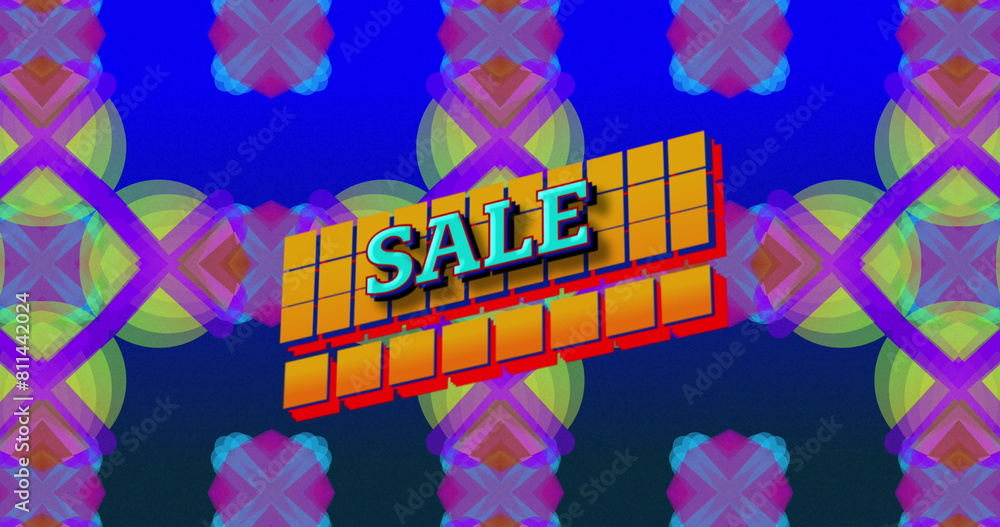 Poster image of sale text on squares over abstract pattern over blue background