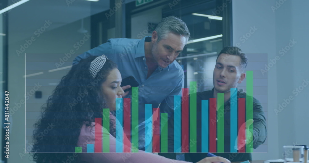 Poster image of statistical data processing against group of diverse colleagues discussing at office