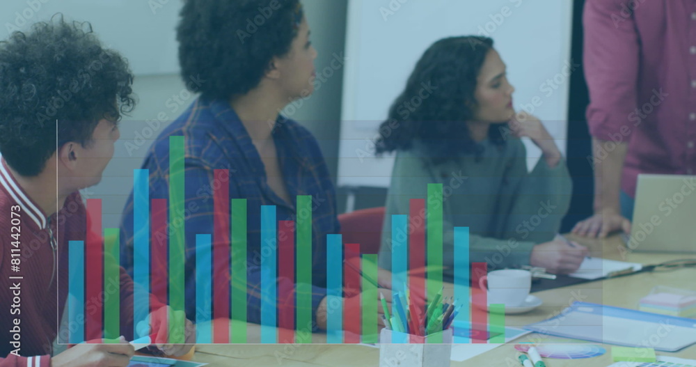 Poster Image of statistical data processing on mid section of man discussing with colleagues at office