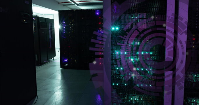 Image of purple round scanner spinning against computer server room