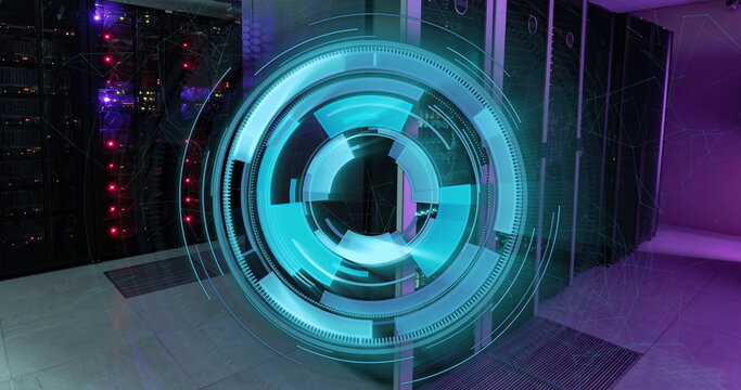 Image of neon blue round scanner spinning against computer server room
