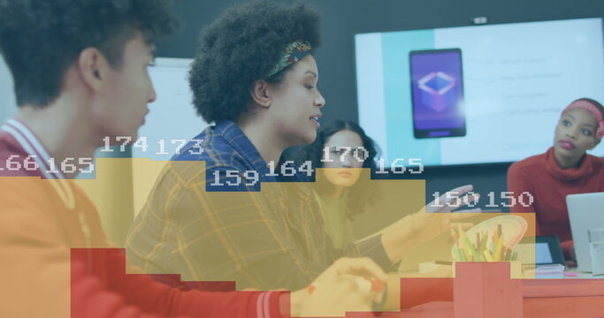 Image of statistical data processing against biracial woman discussing with colleagues at office