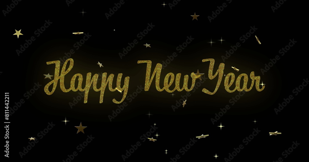 Poster image of happy new year text with stars rotating on black background