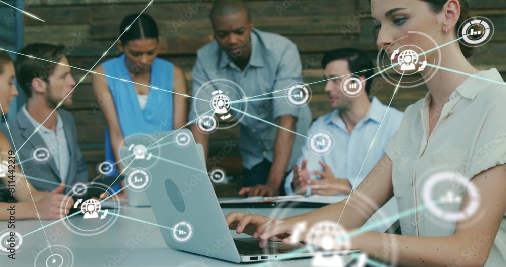 Poster image of icons connected with lines over diverse coworkers discussing and preparing reports