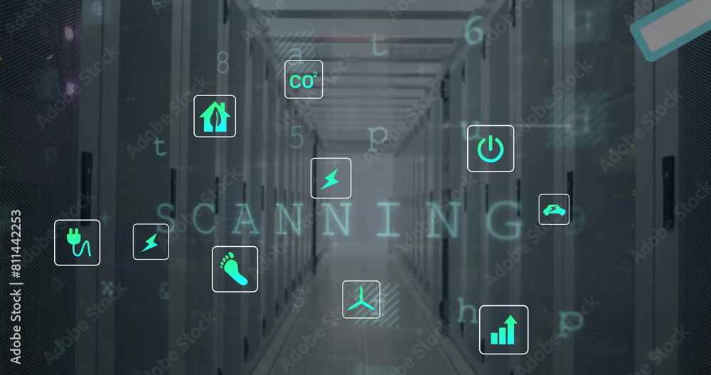 Poster digital icons floating in server room, showing tech symbols