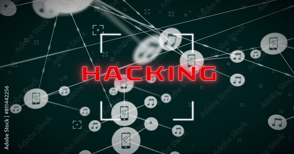 Poster red hacking text glowing in center, connected by white lines to icons