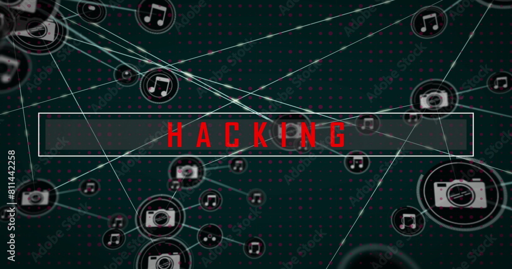 Poster digital nodes connecting across black background, featuring hacking in bold