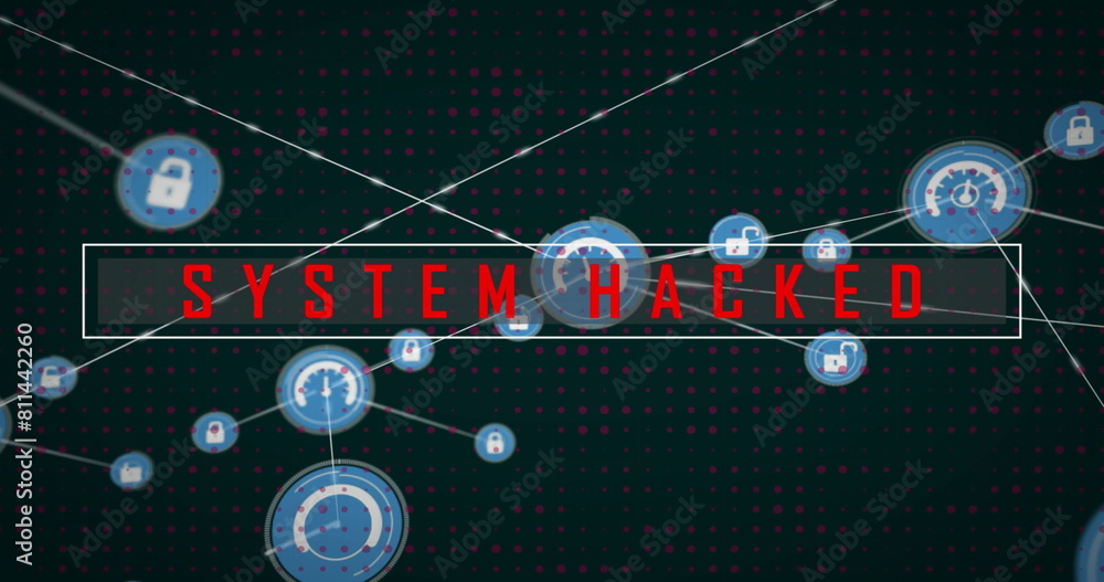 Aufkleber red system hacked text overlays a digital network of nodes and connections