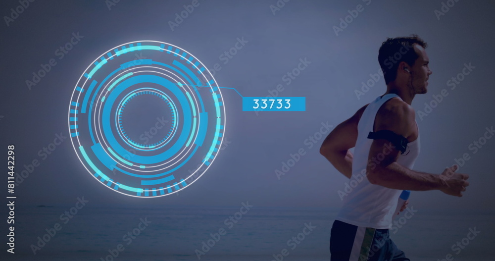 Poster image of scope scanning with numbers over caucasian man running