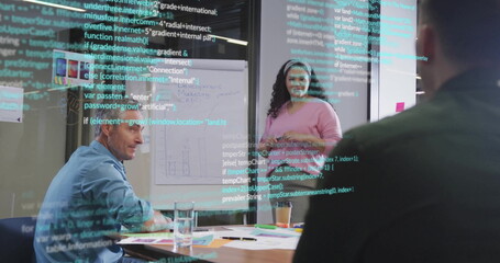 Image of computer language over diverse female explaining reports to coworkers in office