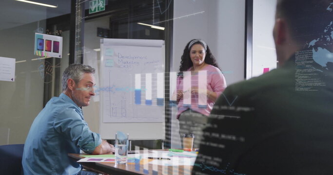 Image of graphs, globes, computer language over diverse coworkers discussing reports in office