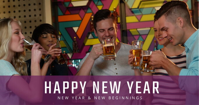 Friends, including Caucasian and biracial, toast with beers - Powered by Adobe