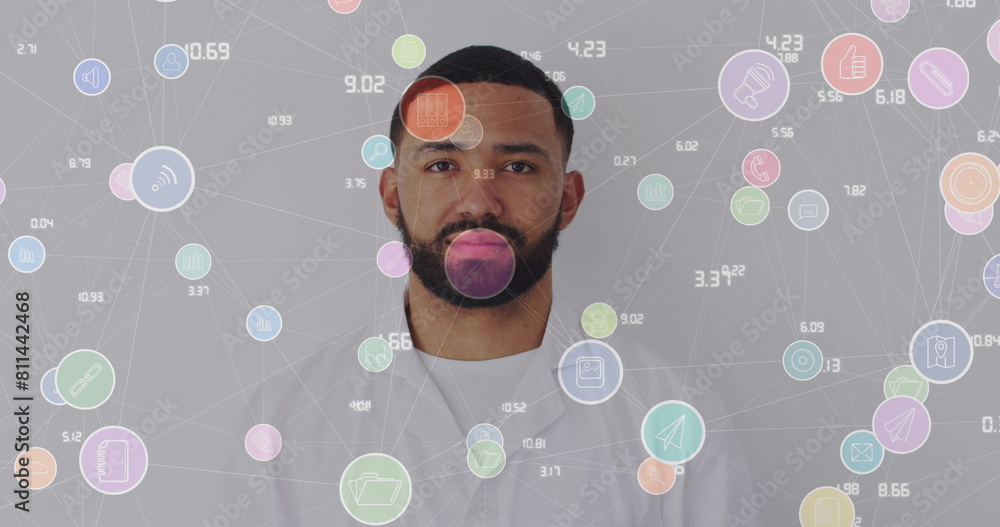 Poster image of network of connections with icons over biracial man smiling at camera