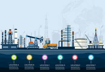 The transportation and petroleum processing industries of oil rigs with Offshore crude extraction, refinery plant, fuel tanker ship and more. Vector illustration eps10 © Sarawut