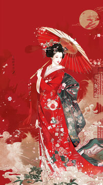 Traditional Japanese Geisha in Red Kimono with Moon
