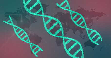 Image of dna strands spinning and glowing spots over world map