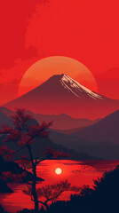 Red Sunset Over Mount Fuji with Silhouetted Landscape
