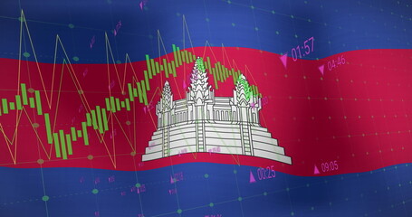 Financial data processing against waving flag of cambodia in background