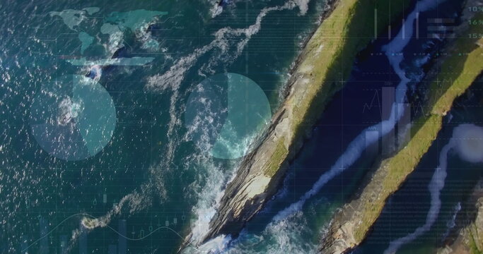 Statistical data processing against aerial view of grassland and sea waves - Powered by Adobe