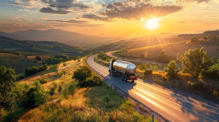 Fuel truck with a silver tank driving through beautiful scenery, sun shining brightly on the picturesque route