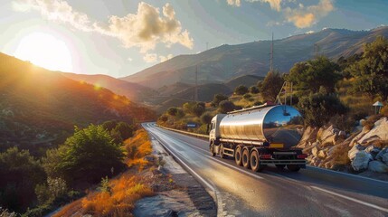 Fuel truck with a silver tank driving through beautiful scenery, sun shining brightly on the picturesque route - obrazy, fototapety, plakaty