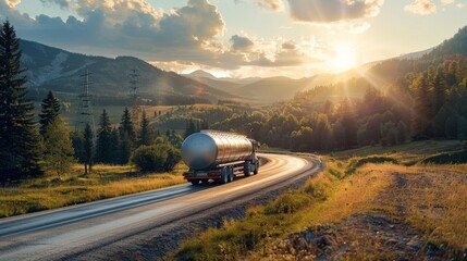 Fuel truck with a silver tank driving through beautiful scenery, sun shining brightly on the picturesque route - obrazy, fototapety, plakaty
