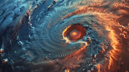 Dramatic close-up of a super typhoon's eye, vividly shown in bright lighting as it churns across the ocean from a satellite view