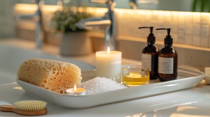 Fototapeta premium Detailed view of a ceramic tray with home spa supplies: candlelight, bath oil, bath salts, and natural sponge, elegantly arranged in a bathroom setting