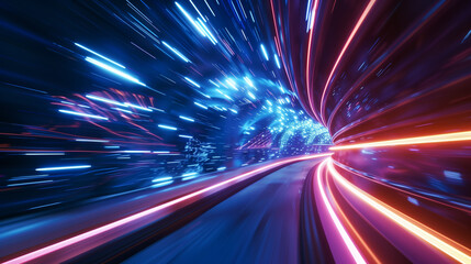 colorful light trails in the tunnel, abstract background, futuristic tech wallpaper 