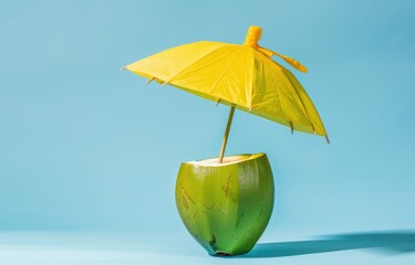 coconut drink  yellow umbrella on blue background on summer