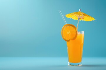 orange juice with yellow umbrella on blue background on summer display concept 