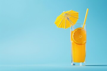 orange juice with yellow umbrella on blue background on summer display concept 