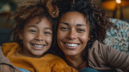 Joyful Multiethnic LGBT Family with Children at Home: Wide Shot of Happy Lesbian Couple and Kids, Genuine Smiles, Love and Happiness Concept