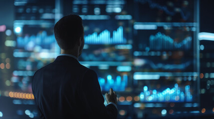 businessman working with business sales growth data statistics on virtual screen, futuristic digital technology, business analysis 