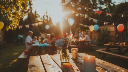 Blue red and white flower bouquet on a picnic table with colorful balloons for fourth of July celebration at the park or backyard