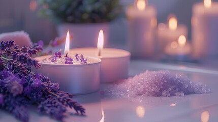 Inviting close-up of candles burning brightly next to lavender and aroma salt, all set up on a tub table for a cleansing ritual bath
