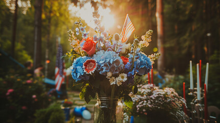 Blue red and white flower bouquet on a picnic table with United States flag for fourth of July celebration at the park or backyard