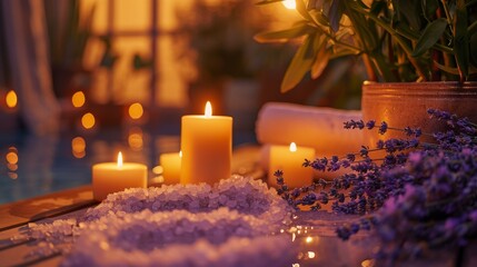Intimate view of a spiritual bath table adorned with lavender, aroma salts, and glowing candles,...