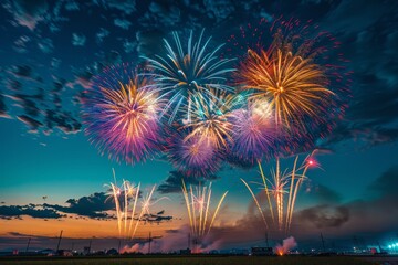 Vibrant fireworks lighting up the night sky outdoors. Celebration concept.