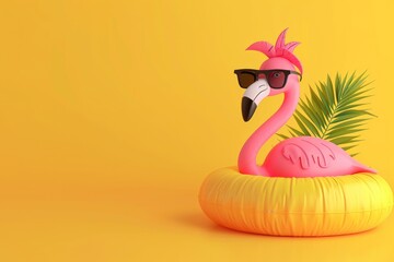 pink flamingo pool float on yellow background, summer concept for display