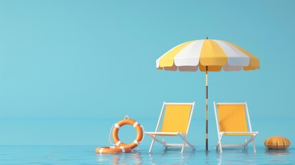 umbrella beach with chairs yellow striped color and lifebouy on blue background on summer season concept