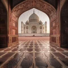 Sunrise View of Taj Mahal from Archway in Agra, India