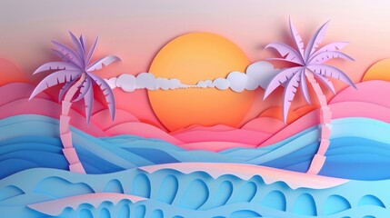 sunset of beach beautiful view for summer background paper cut style 