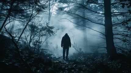 Fototapeta premium Spooky forest scene with man silhouette and dark fog