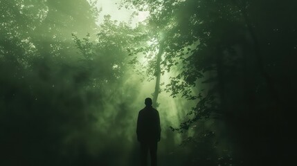 Fototapeta premium Spooky forest scene with man silhouette and dark fog