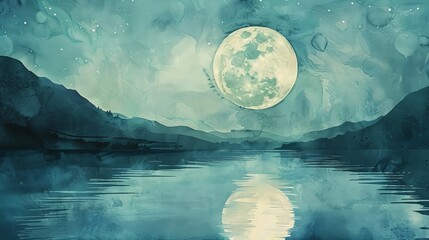 Artistic watercolor scene of a serene full moon above a calm lake, its reflection shimmering across the water, adding a tranquil atmosphere