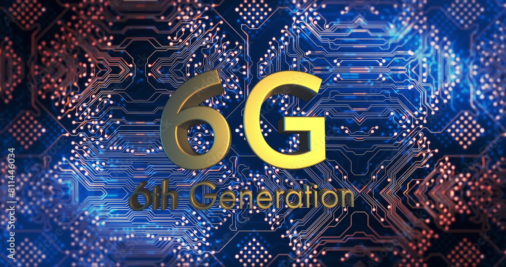 Poster digital image of 6g text banner spinning against microprocessor connections on blue background